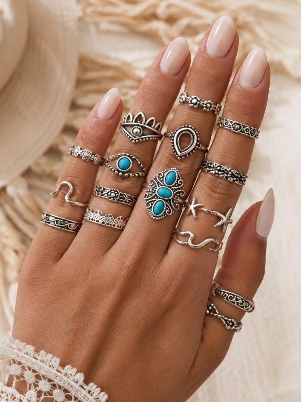 Boho Silver Stackable Knuckle Ring Set 16pc Moon Star Blue Stone NWT